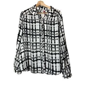 Elle Blouse Long Sleeve Sheer Abstract Plaid Windowpane Size XL White Black NEW
